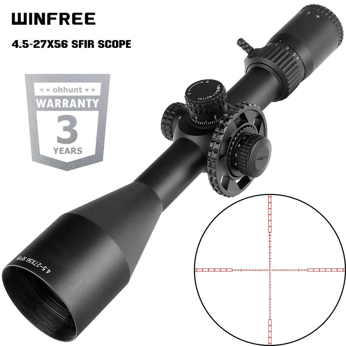 WINFREE 4.5-27X56 SFIR Rifle Scope with Sunshade - Wire Reticle