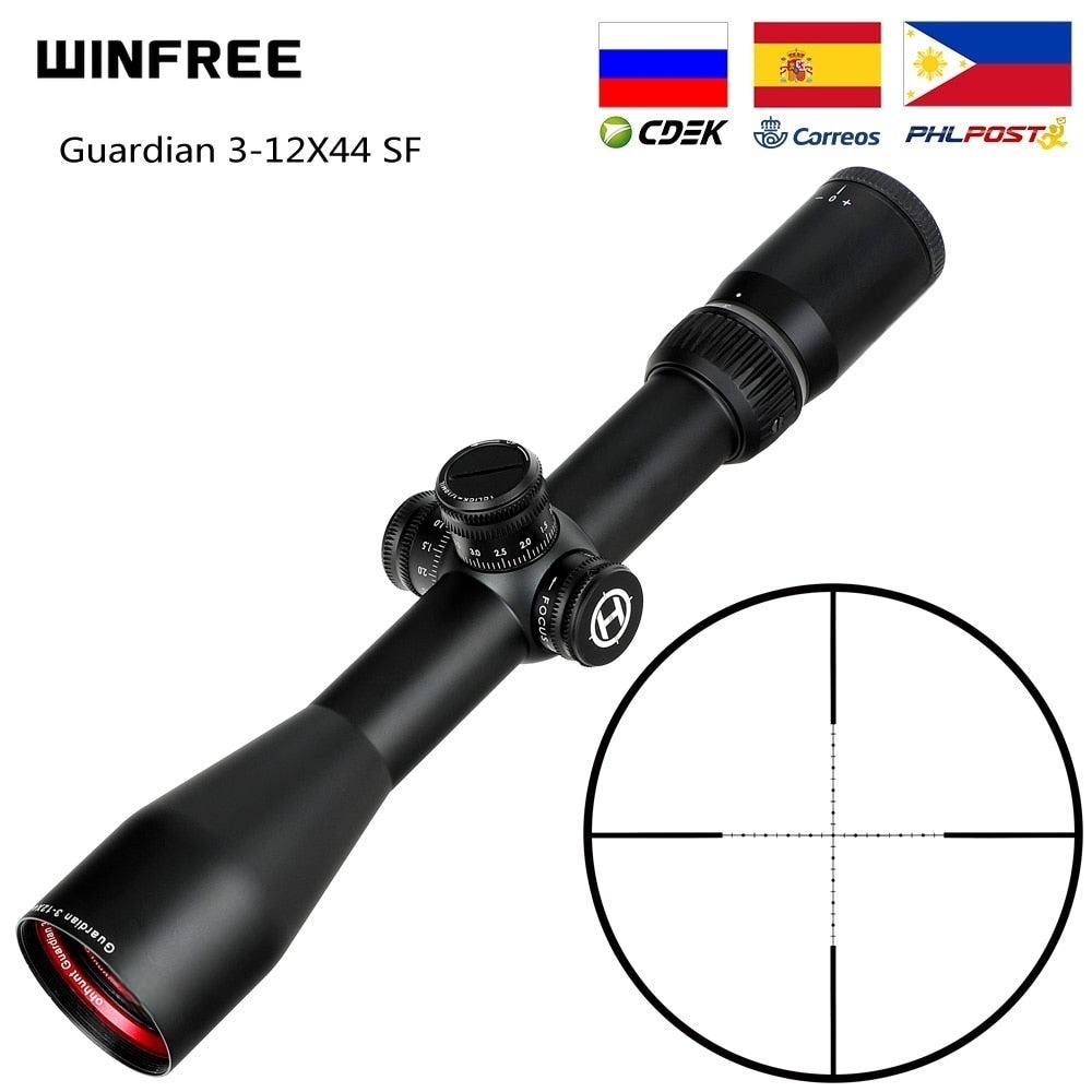 WINFREE Guardian 3-12X44 SF Hunting Rifle Scope 1/2 Half Mil Dot Reticle Side Parallax Turrets Lock Reset Tactical