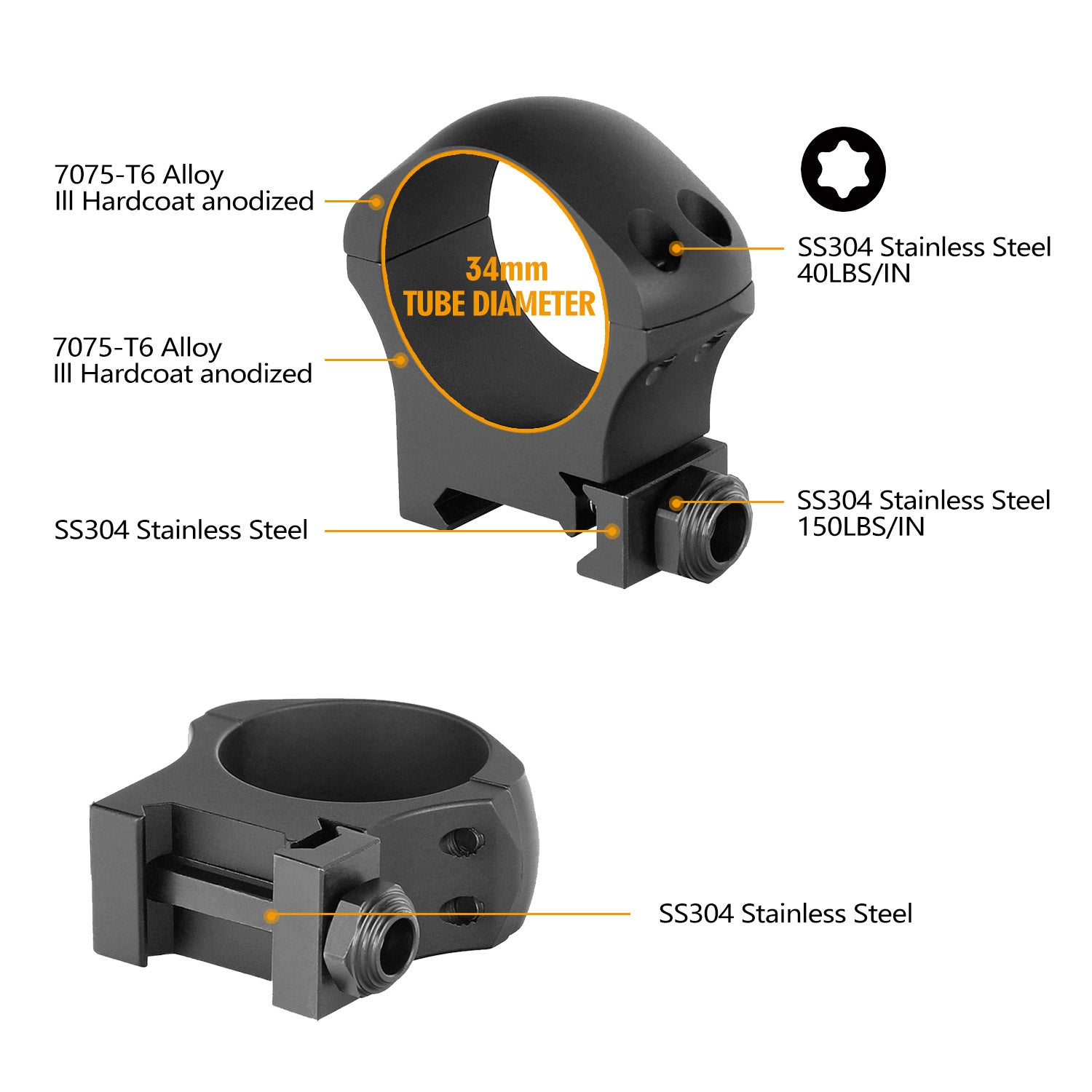WINFREE Pro 7075 Aluminum 34mm Scope Rings for Picatinny Rail - Medium Profile - Image 4