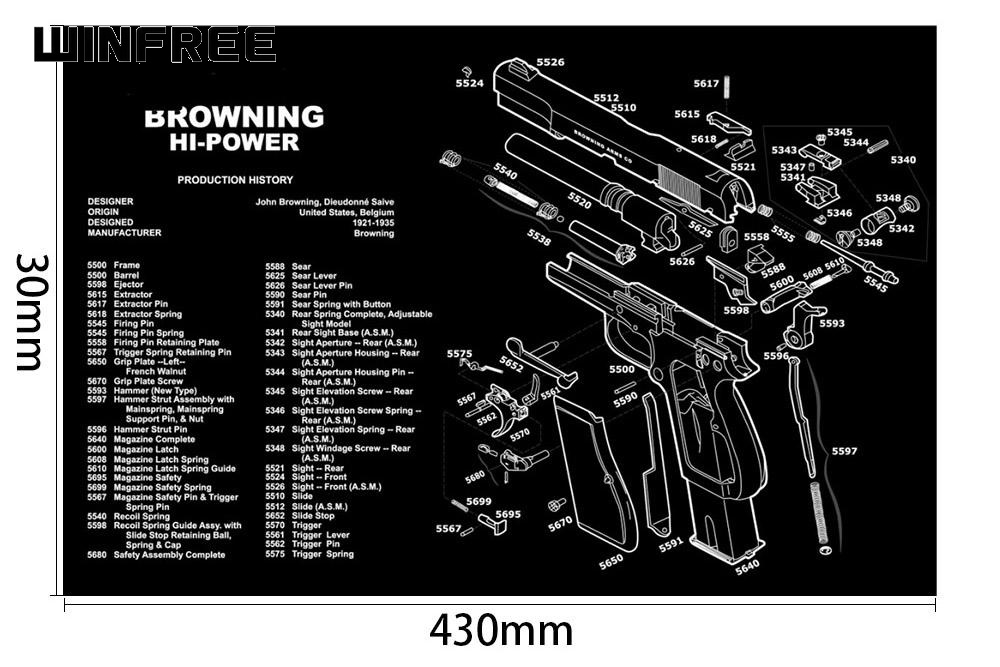 WINFREE Armorers Bench Mat Cleaning Mat Mouse Pad With HI-POWER Parts Diagram & Instructions