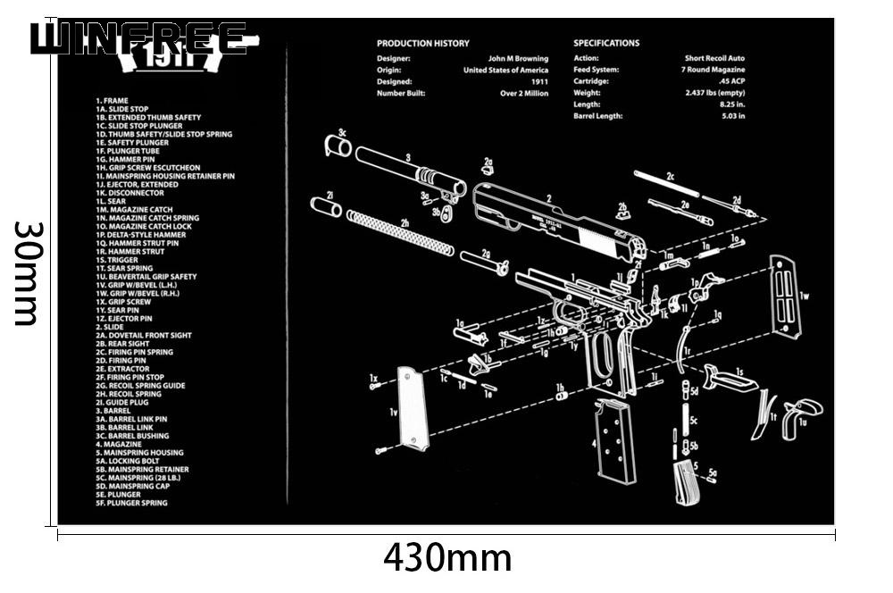 WINFREE Armorers Bench Mat Cleaning Mat 1911 With Parts Diagram & Instructions Gun Split Picture Mouse Pad