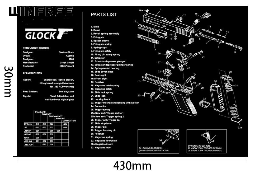 WINFREE Armorers Bench Mat Gun Cleaning Mat GLOCK With Parts Diagram & Instructions Mouse Pad