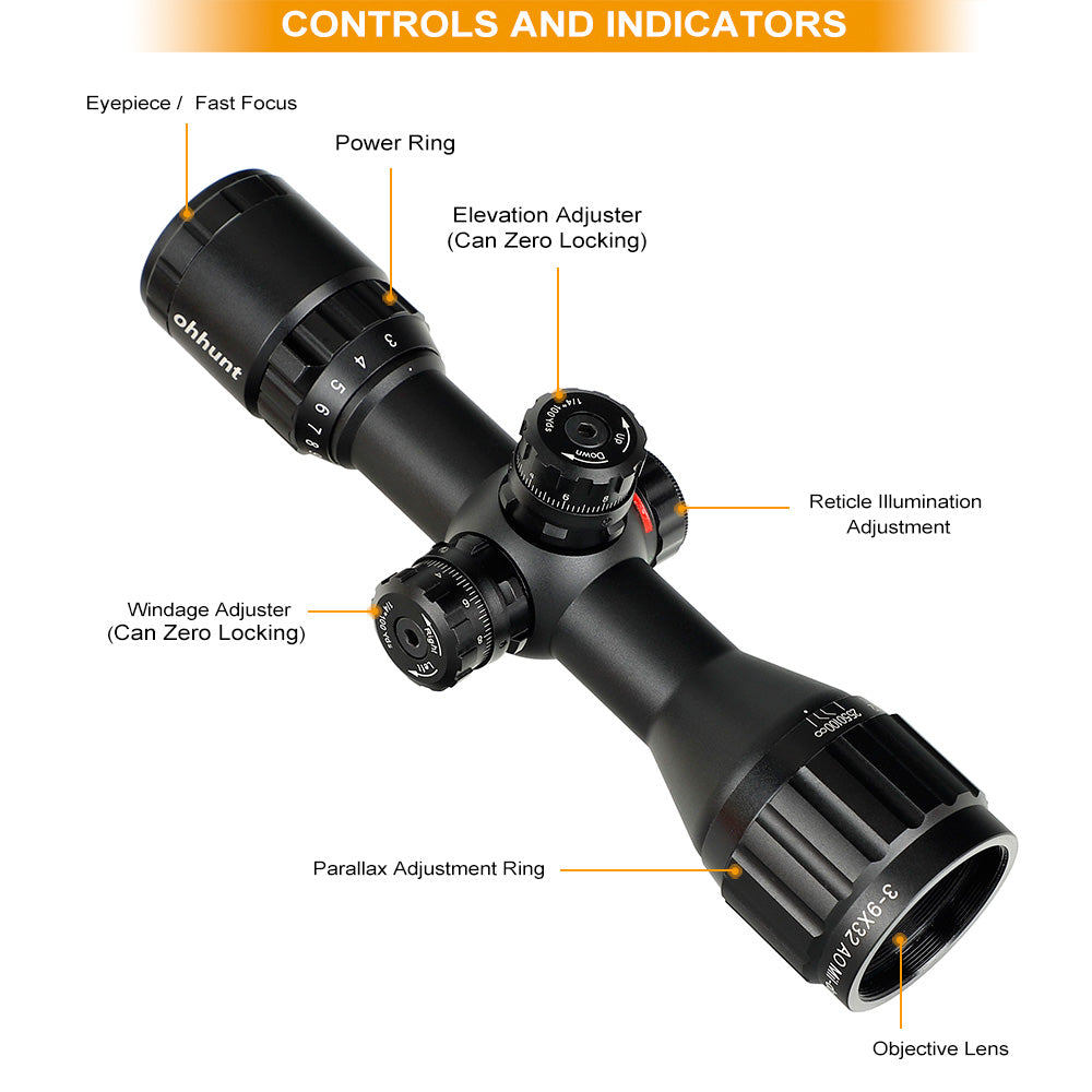 WINFREE 3-9X32 AOCE Compact Rifle Scope 1/2 Half Mil Dot Illuminated RG Turrets Locking with Sunshade - Image 9