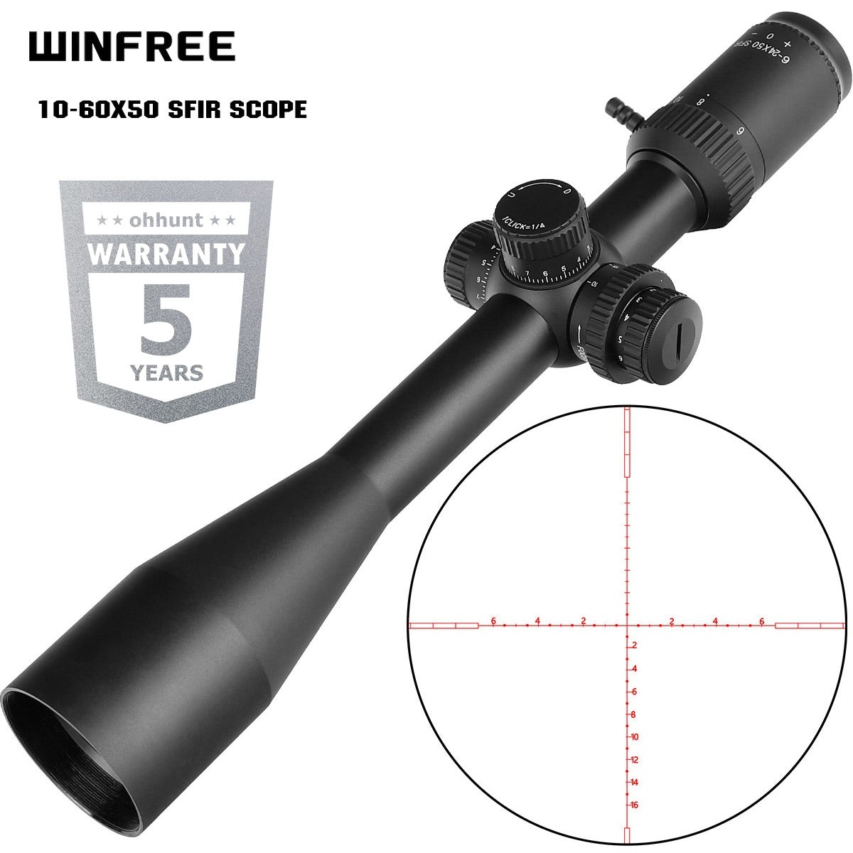 WINFREE LRS 10-60X50 SFIR Long Range Rifle Scope Side Parallax Red Illuminated